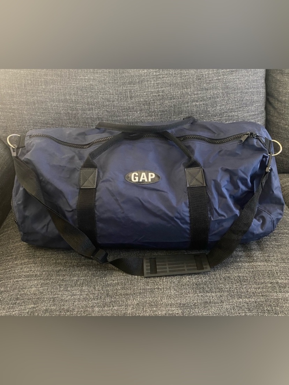 90s Vintage GAP Navy Blue Nylon Duffel Bag Black Webbing Straps XL